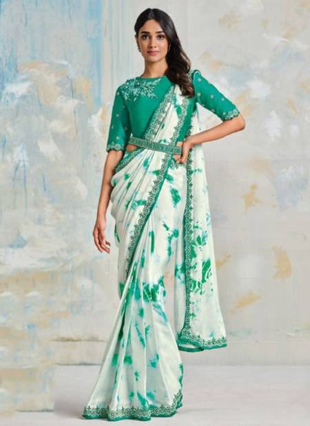 Green And White Colour Taranaah Satin Silk Party Wear Wholesale Saree Collection 22410